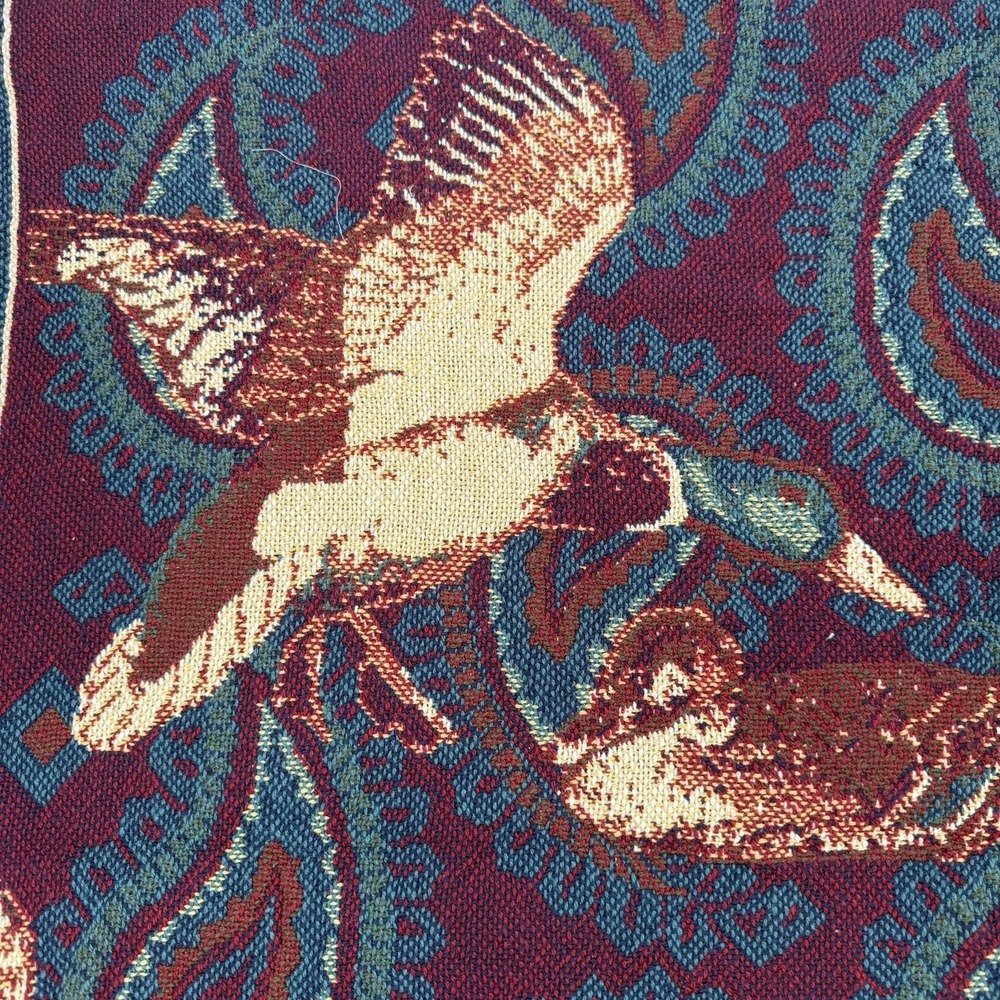 Vtg Woven Tapestry Throw Blanket Mallard Duck Paisley Fringe Burgundy Teal 47x70 - Picture 5 of 12